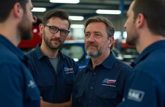 Wheels & Gears team discussing car repair strategy in the workshop with a car in the background.