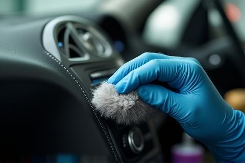 Detailed interior cleaning of a car dashboard.