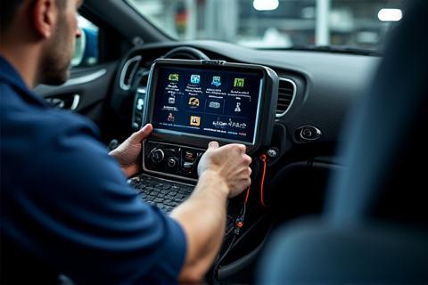 Technician using advanced diagnostic equipment connected to a car.