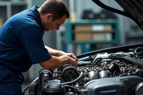 Skilled technician carefully working on a car engine.