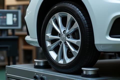 Car wheel being balanced on a machine for optimal performance.