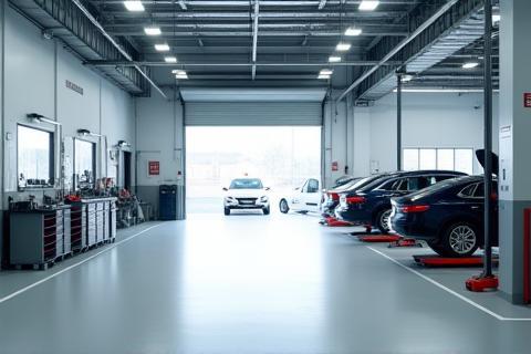 Clean and organized auto repair workshop interior with multiple service bays.