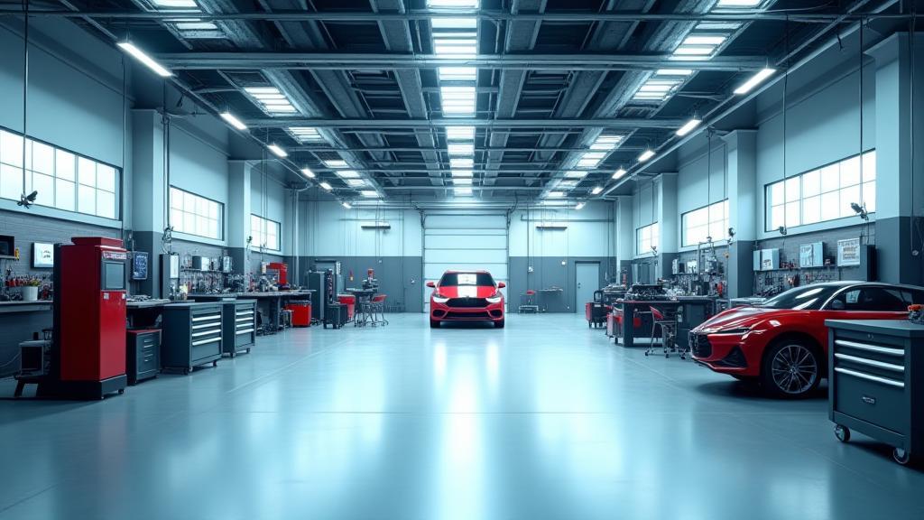 Clean and modern auto repair shop interior with tools neatly arranged.