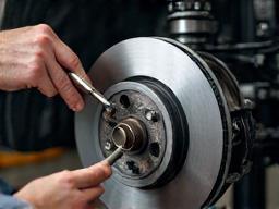 Mechanic inspecting a car's disc brake caliper.
