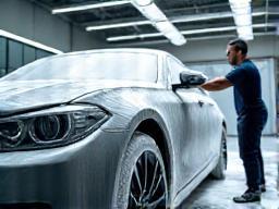 A car being hand-washed with foam at a service center.