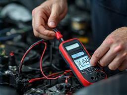 Technician using a multimeter to check a car's electrical component.