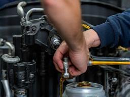 Technician draining oil from a car engine.