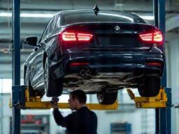 Car on a lift for routine maintenance inspection.