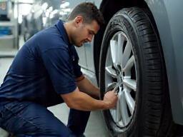 Technician kneeling beside a car tyre, inspecting the tread.