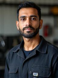 Portrait of Rahul Sharma, Lead Mechanic at Wheels & Gears.
