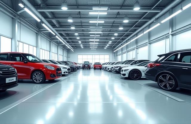 Interior view of a modern, clean, and well-organized car workshop.
